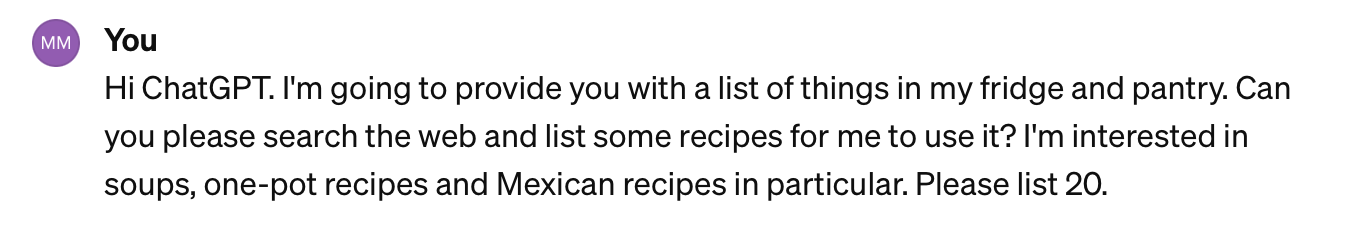 ChatGPT prompt to use up what's in your fridge and reduce food waste